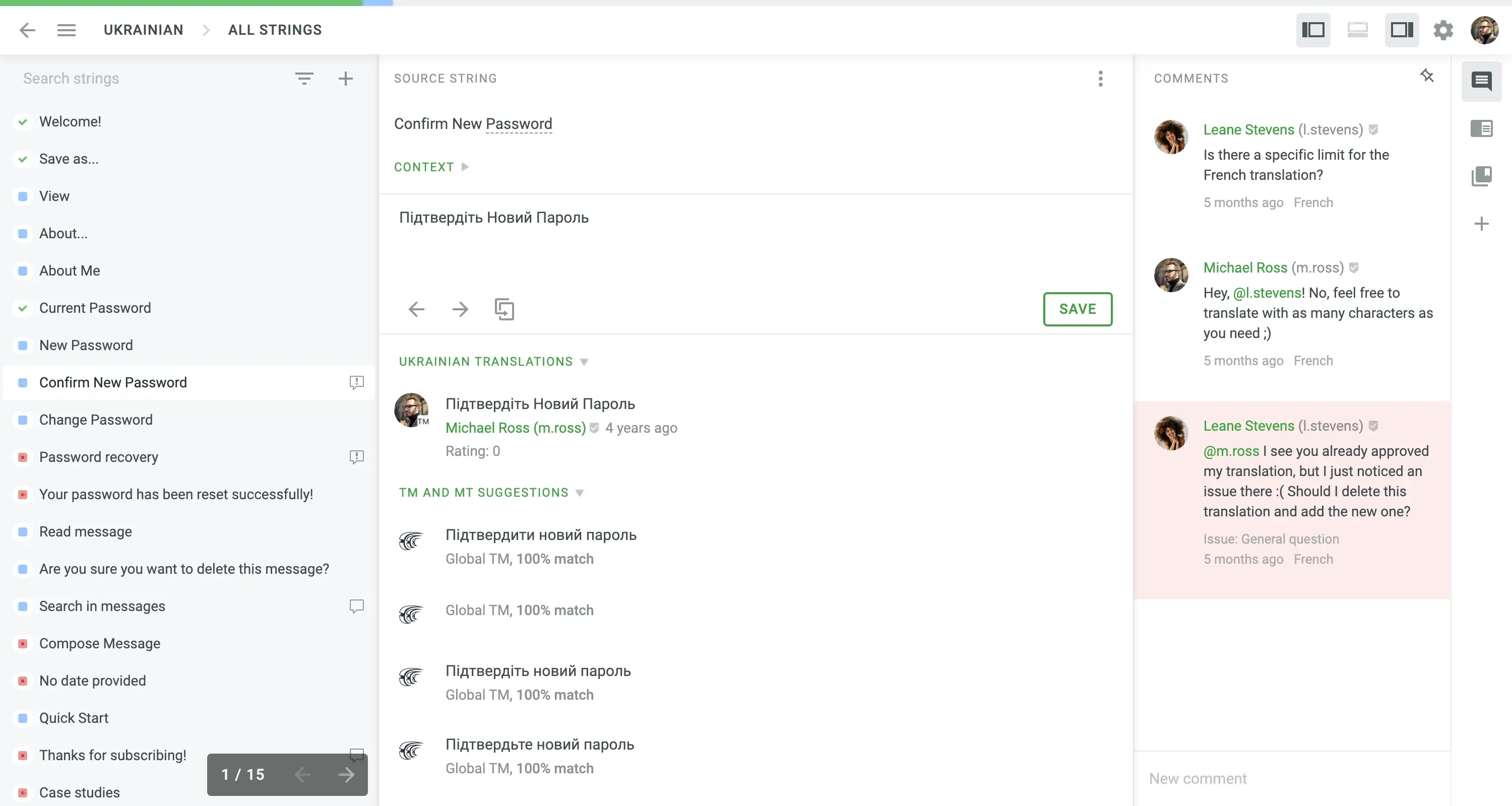 Crowdin's CAT tool editor showing source text, translation suggestions, and terminology guidance