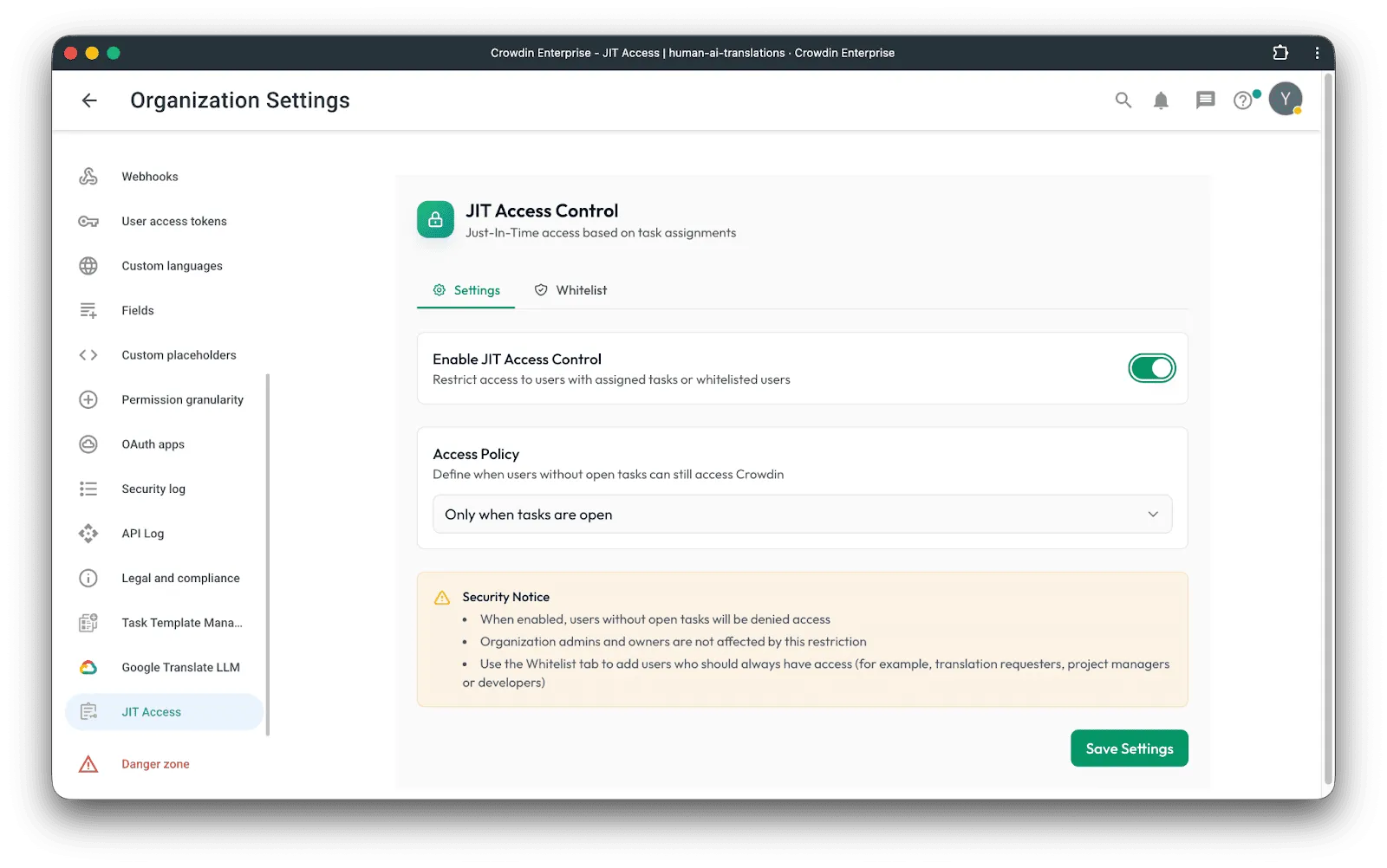 Just In Time Access app in Crowdin